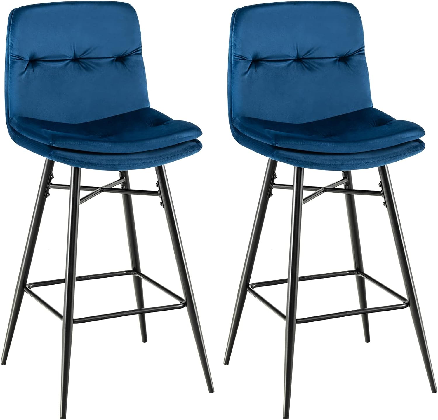 COSTWAY Bar Stools Set of 2, 28.5 Velvet Bar Height Chairs with Tufted Back, Metal Footrests and Legs, Modern Upholstered High Bar Chairs for Kitchen Counter, Home Bar, Kitchen Island (2, Blue)