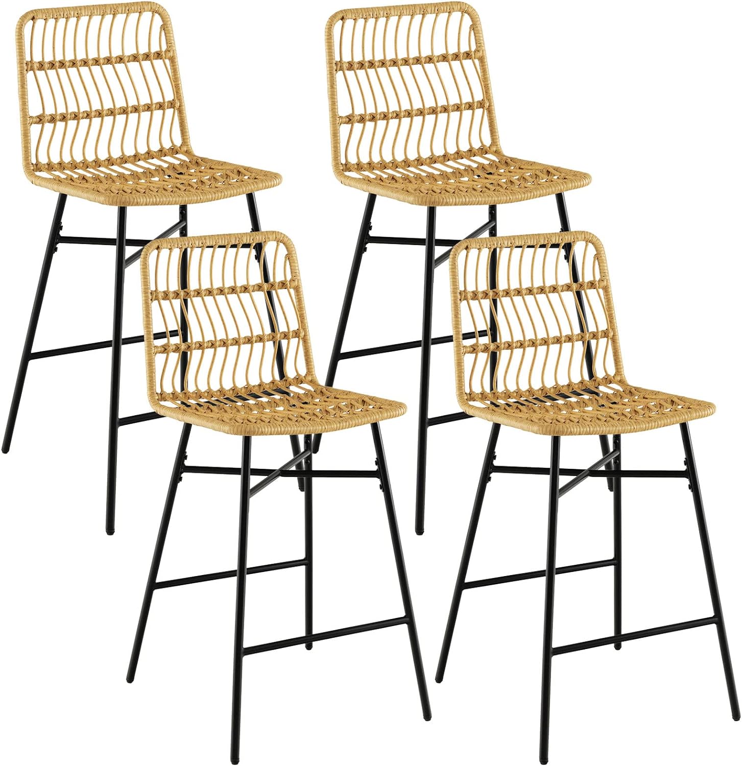 COSTWAY Rattan Bar Stools Set of 2, 27 Inches Counter Height Bar Stools with Sturdy Metal Frame, Modern Wicker Bar Stools for Kitchen Island, Easy Assembly, Natural (4)