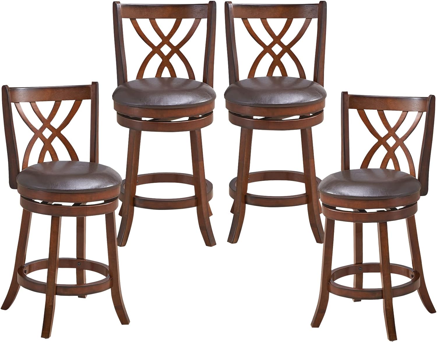 COSTWAY Bar Stools Set of 4, 360 Swivel Chairs with Rubber Wood Frame, 26 in PU Leather Cushioned Seat and Footrests, for Kitchen Island, Dining Room, Bar (Brown-26 inches, 4 stools)