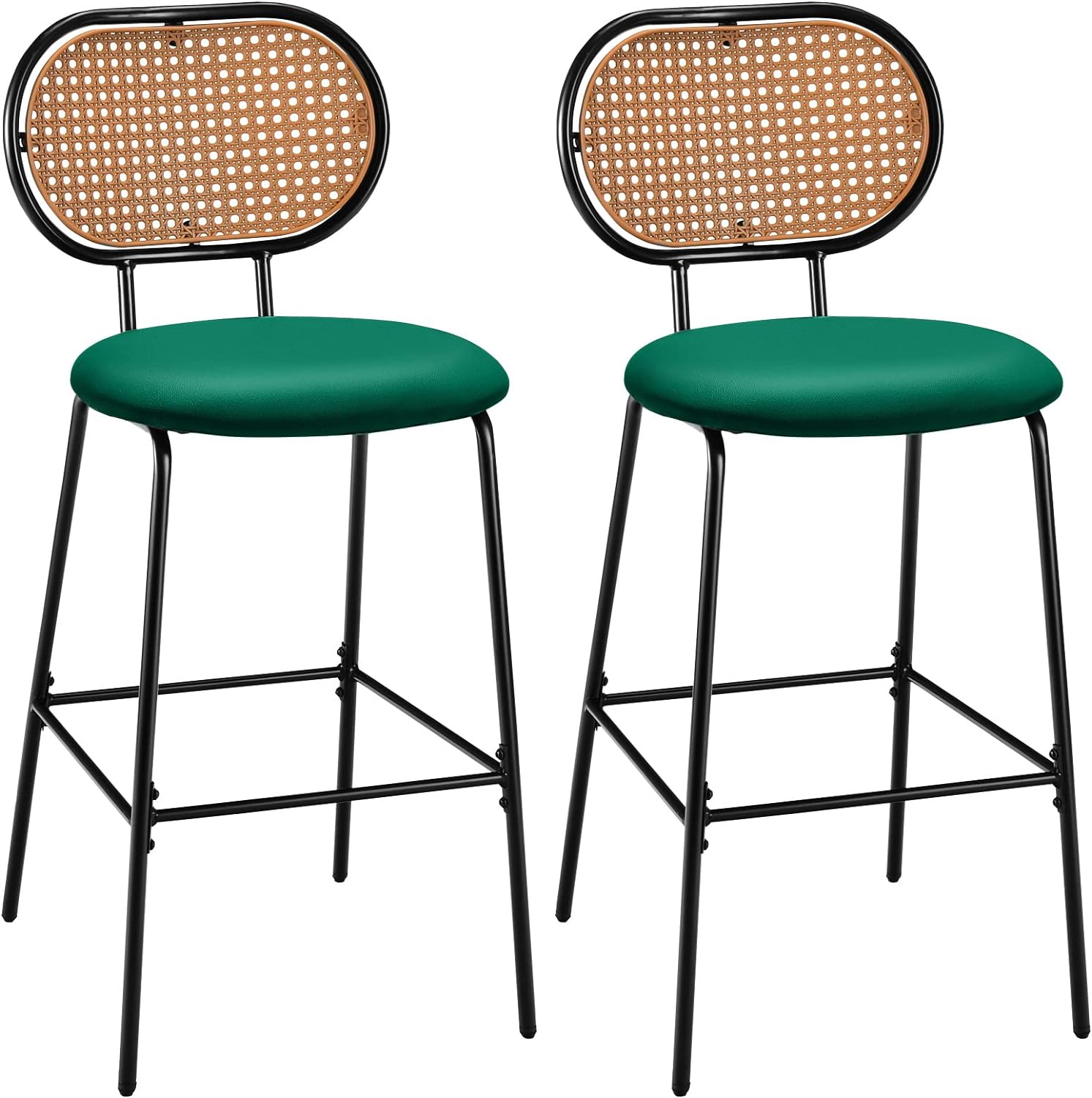 COSTWAY Bar Stools Set of 2, 29.5 Modern Faux Leather Bar Height Chairs with Imitation Rattan Woven Backrest, Metal Armless Barstools for Bistro Home Restaurant Kitchen Counter (2, Dark Green)