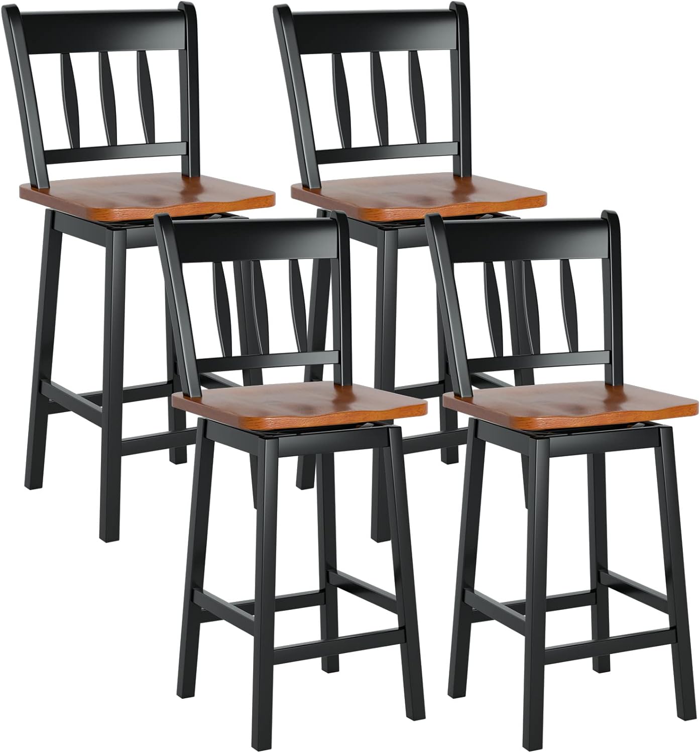 COSTWAY Bar Stools Set of 4, 24.5 Inch Solid Rubber Wood Bar Chairs with 360 Swiveling, Footrest, Swivel Counter Height Barstools with Back Ideal for Kitchen Island, Counter, Pub(Set of 4, Black)