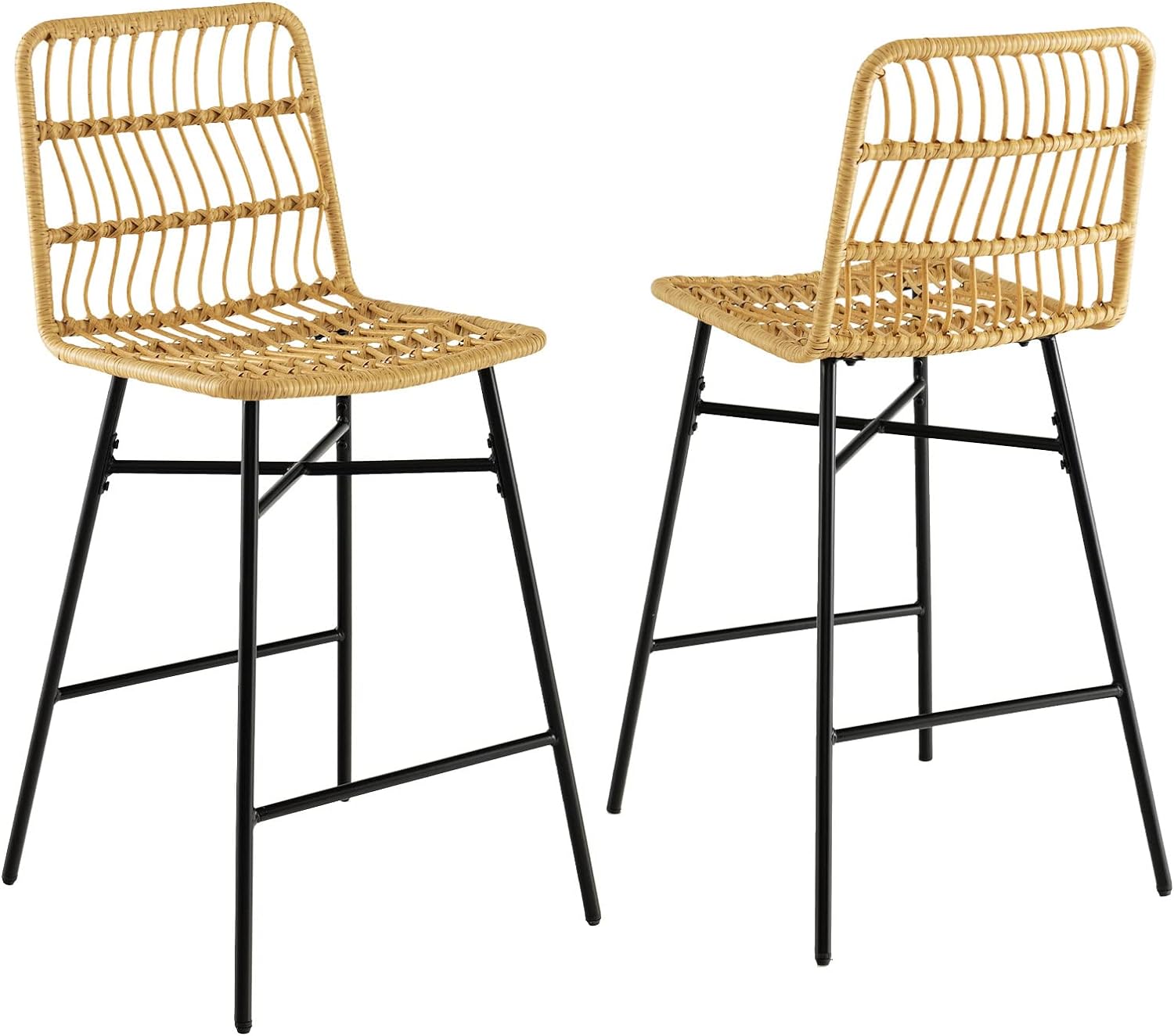 COSTWAY Rattan Bar Stools Set of 2, 27 Inches Counter Height Bar Stools with Sturdy Metal Frame, Modern Wicker Bar Stools for Kitchen Island, Easy Assembly, Natural (2)