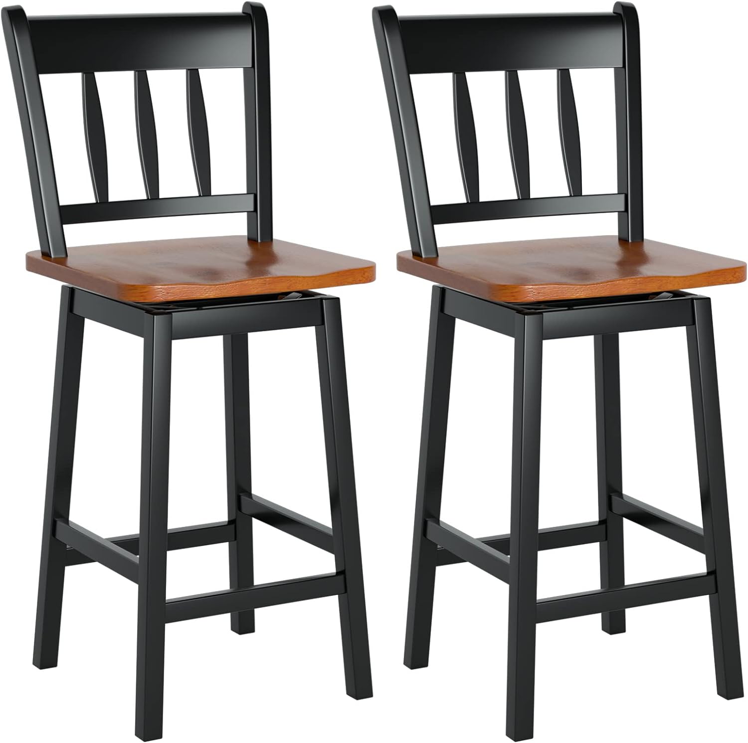 COSTWAY Bar Stools Set of 2, 24.5 Inch Solid Rubber Wood Bar Chairs with 360 Swiveling, Footrest, Swivel Counter Height Barstools with Back Ideal for Kitchen Island, Counter, Pub(Set of 2, Black)