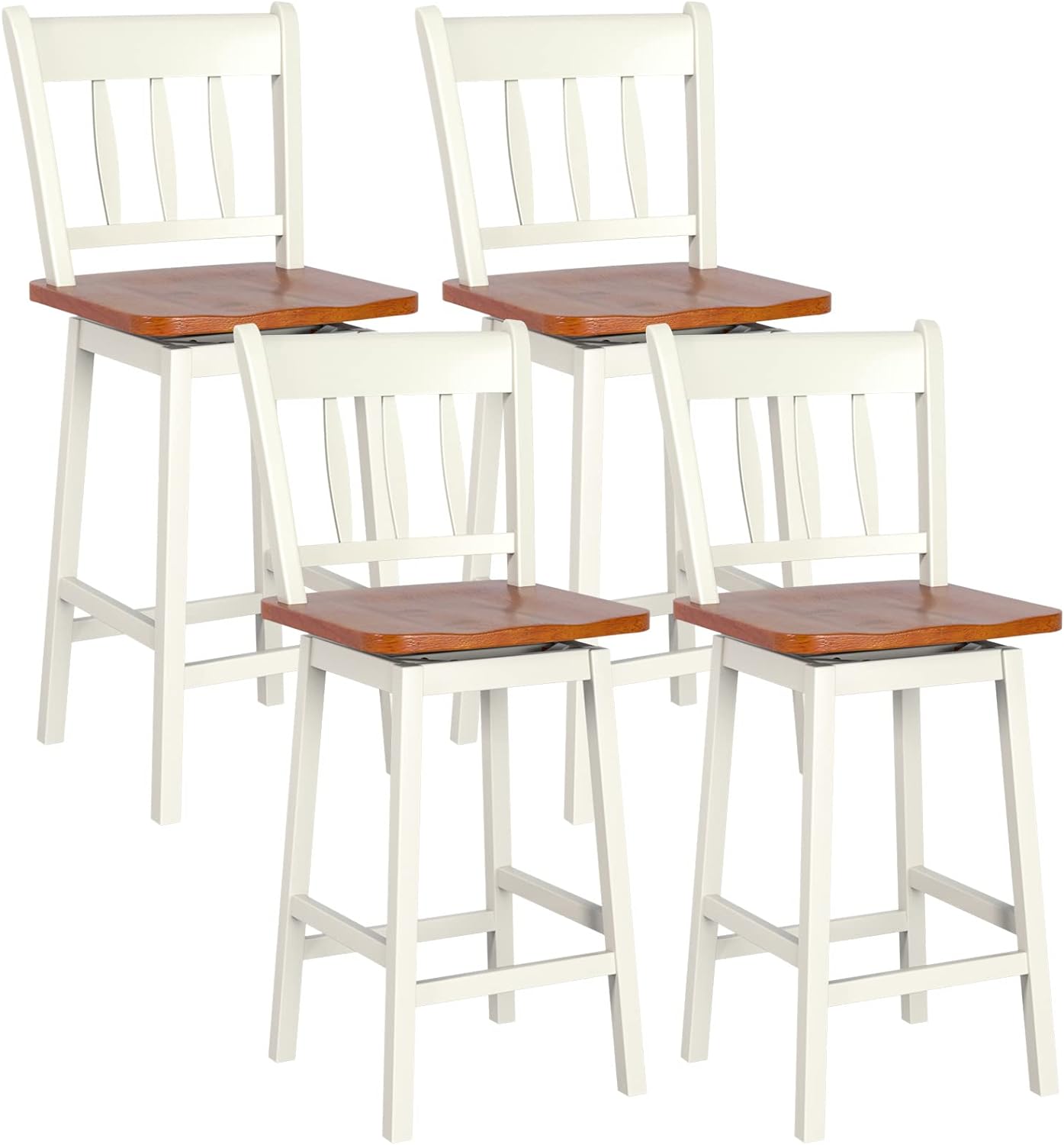 COSTWAY Bar Stools Set of 4, 24.5 Inch Solid Rubber Wood Bar Chairs with 360 Swiveling, Footrest, Swivel Counter Height Barstools with Back Ideal for Kitchen Island, Counter, Pub(Set of 4, White)