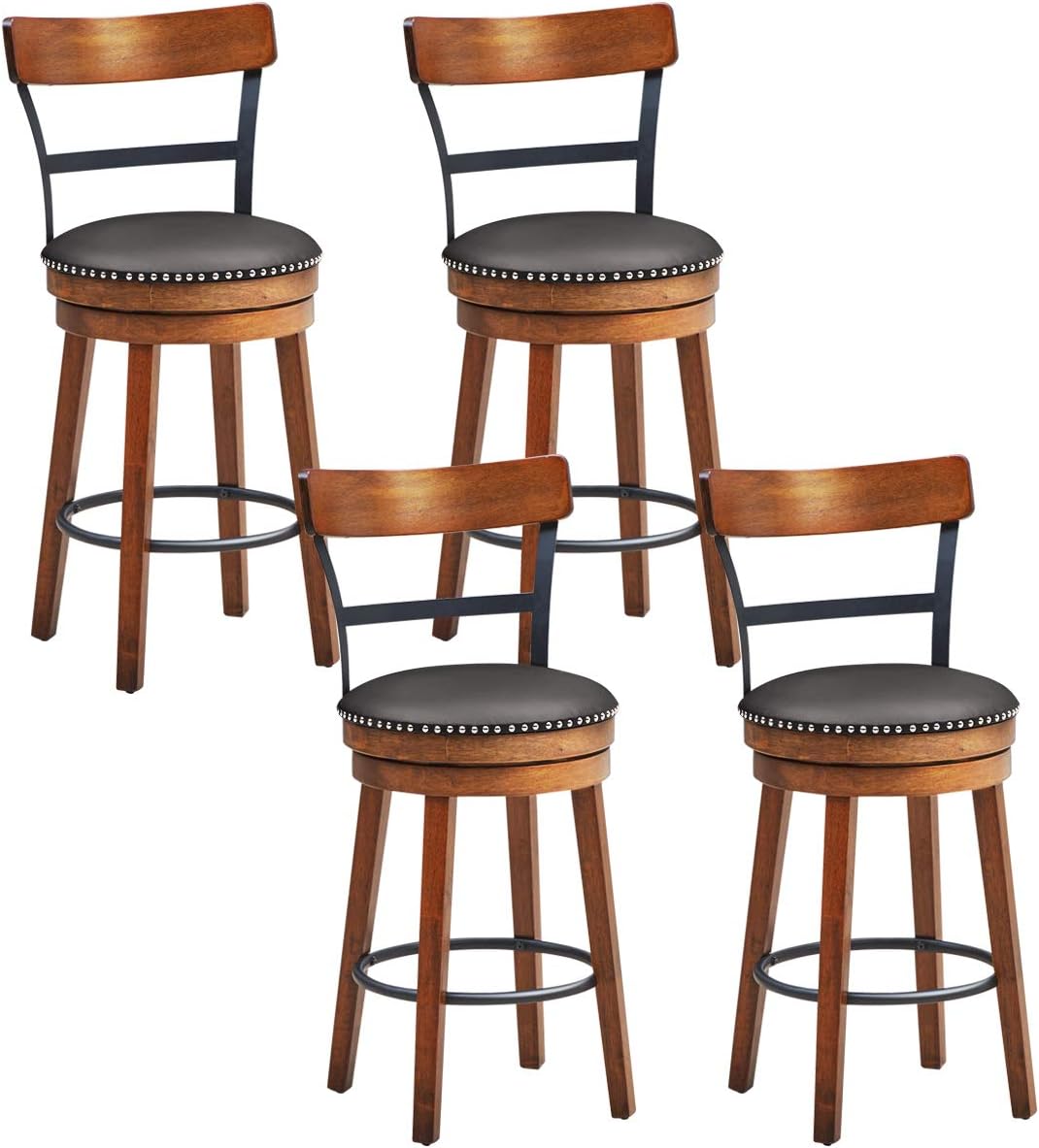 COSTWAY Bar Stools Set of 4, 360-Degree Swivel Stools with Leather Padded Seat, Single Slat Ladder Back & Solid Rubber Wood Legs, Counter Height Stools for Pub, Restaurant, Kitchen, Brown (4, 25.5)