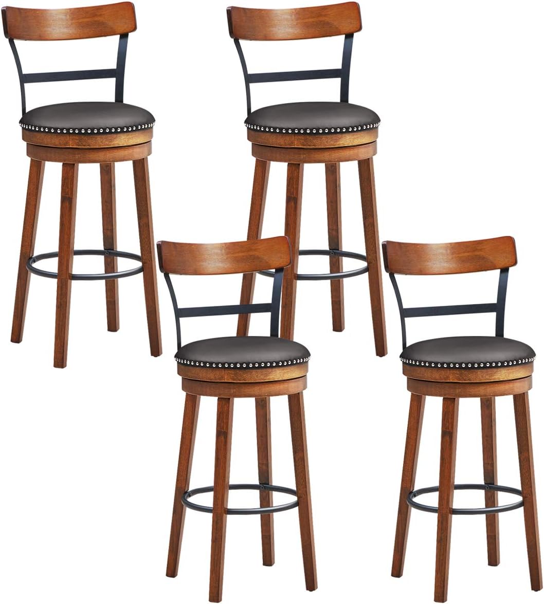 COSTWAY Bar Stools Set of 4, 360-Degree Swivel Stools with Leather Padded Seat, Single Slat Ladder Back & Solid Rubber Wood Legs, Bar Height Stools for Pub, Restaurant, Kitchen, Brown (4, 30.5)