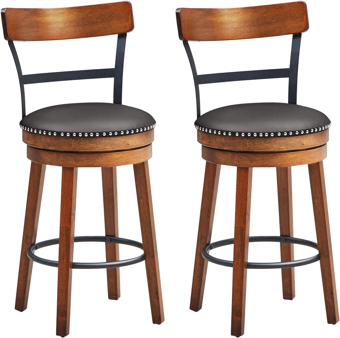 COSTWAY Bar Stools Set of 2, 360-Degree Swivel Stools with Leather Padded Seat, Single Slat Ladder Back & Solid Rubber Wood Legs, Counter Height Stools for Pub, Restaurant, Kitchen, Brown (2, 25.5)