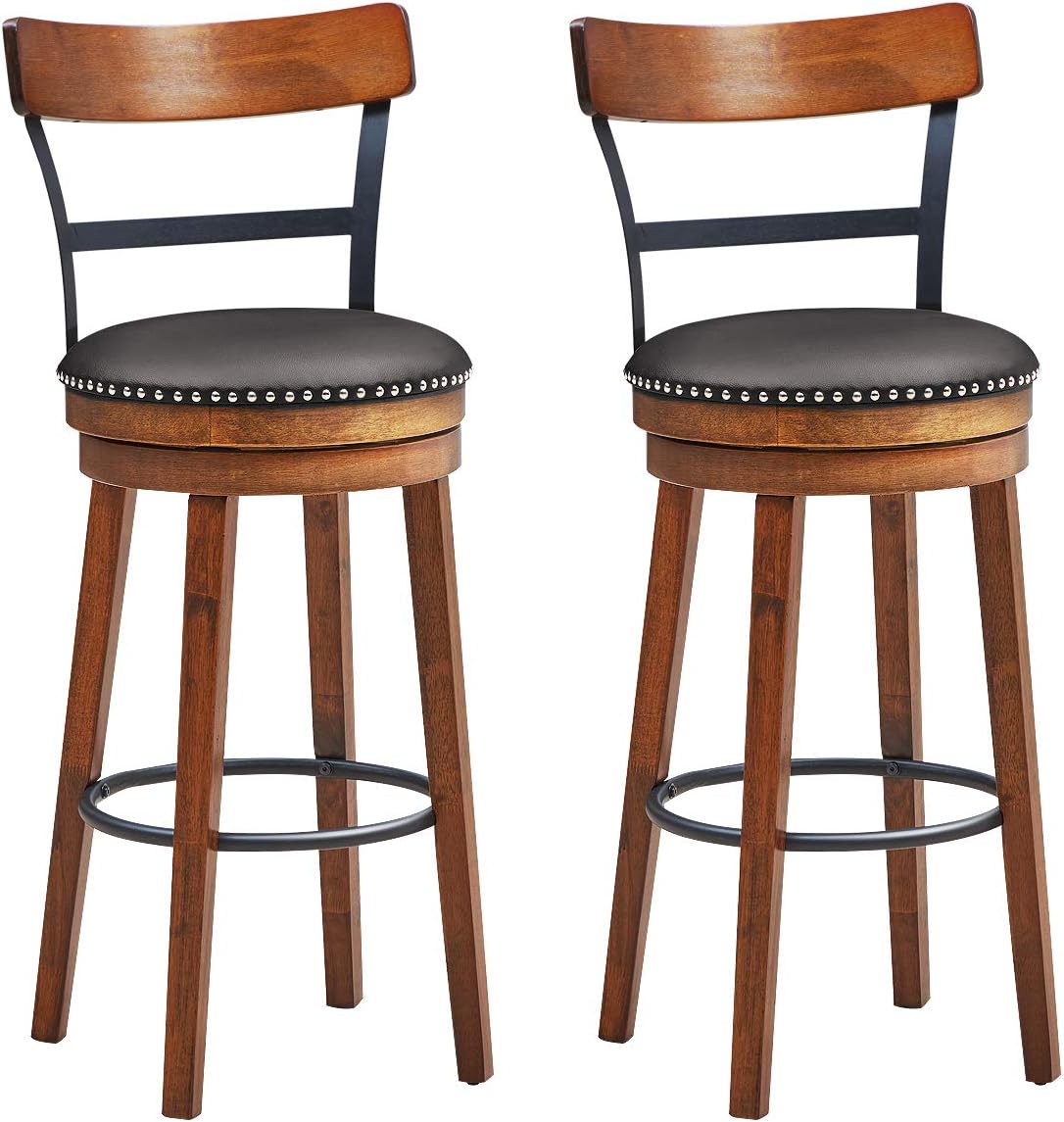 COSTWAY Bar Stools Set of 2, 360-Degree Swivel Stools with Leather Padded Seat, Single Slat Ladder Back & Solid Rubber Wood Legs, Bar Height Stools for Pub, Restaurant, Kitchen, Brown (2, 30.5)