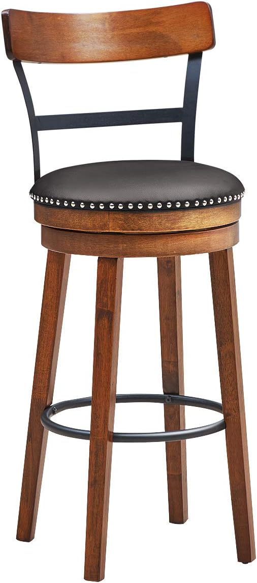 COSTWAY Bar Stools, 360-Degree Swivel Stools with Leather Padded Seat, Single Slat Ladder Back & Solid Rubber Wood Legs, Bar Height Stools for Pub, Restaurant, Kitchen, Brown (1, 30.5)