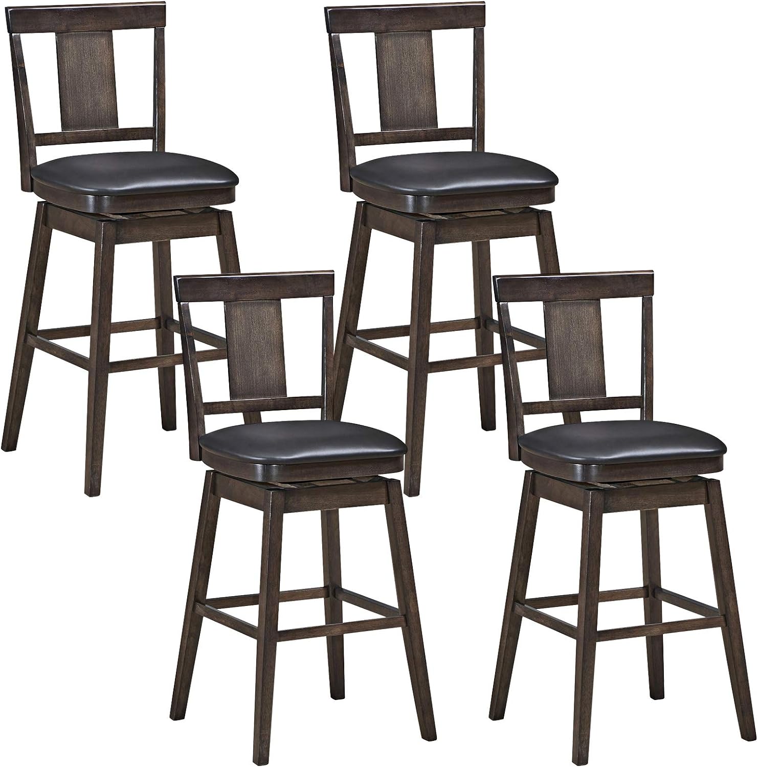 COSTWAY Bar Stools, 360 Degree Swivel, Classic Wooden Bar Height Bar Stool, Leather Padded Seat, Single Slat Back & Solid Rubber Wood Legs, Upholstered Stool for Dining and Living Room (4, 29)