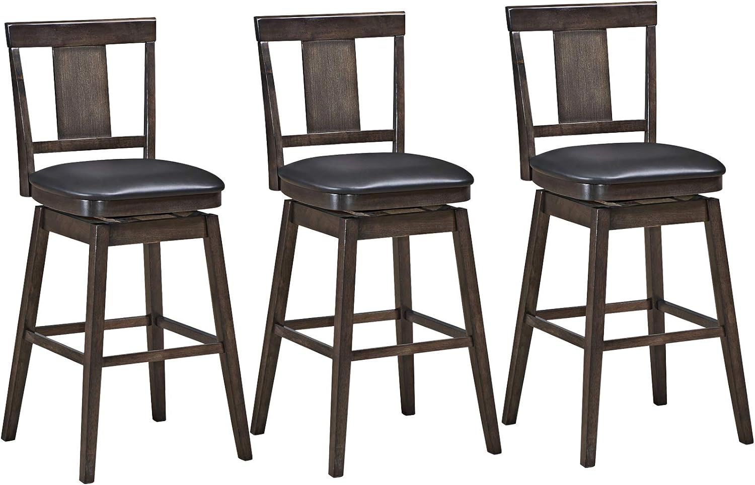 COSTWAY Bar Stools Set of 3, 360 Degree Swivel, Wooden Bar Height Bar Stool, Leather Padded Seat, Single Slat Back & Solid Rubber Wood Legs, Upholstered Stool for Dining and Living Room (3, 29)