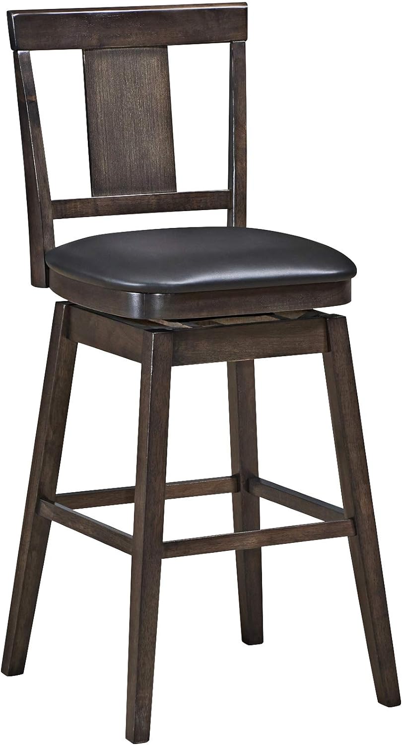 COSTWAY Bar Stools, 360 Degree Swivel, Classic Wooden Bar Height Bar Stool, Leather Padded Seat, Single Slat Back & Solid Rubber Wood Legs, Upholstered Stool for Dining and Living Room (1, 29)