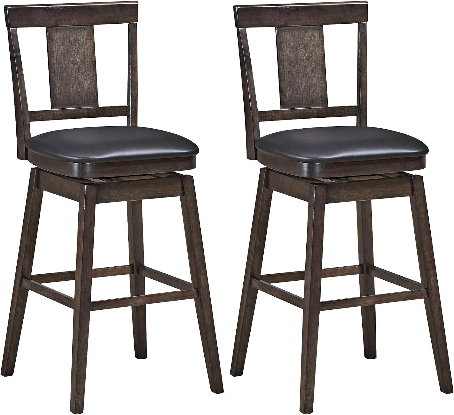 COSTWAY Bar Stools Set of 2, 360 Degree Swivel, Wooden Bar Height Bar Stool, Leather Padded Seat, Single Slat Back & Solid Rubber Wood Legs, Upholstered Stool for Dining and Living Room (2, 29)