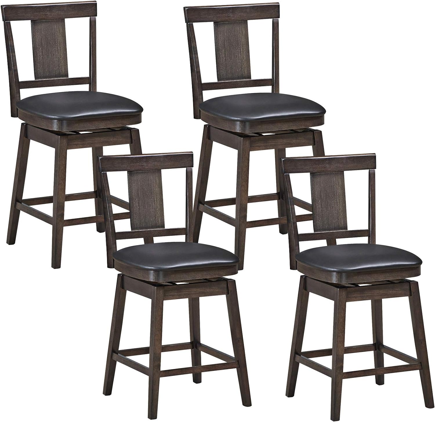 COSTWAY Bar Stools Set of 4, 360 Degree Swivel, Wooden Counter Height Bar Stool, Leather Padded Seat, Single Slat Back & Solid Rubber Wood Legs, Upholstered Stool for Dining and Living Room (4, 24)