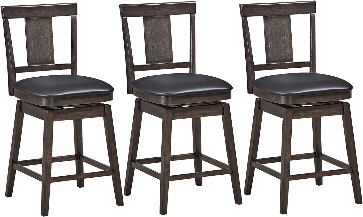 COSTWAY Bar Stools Set of 3, 360 Degree Swivel, Wooden Counter Height Bar Stool, Leather Padded Seat, Single Slat Back & Solid Rubber Wood Legs, Upholstered Stool for Dining and Living Room (3, 24)