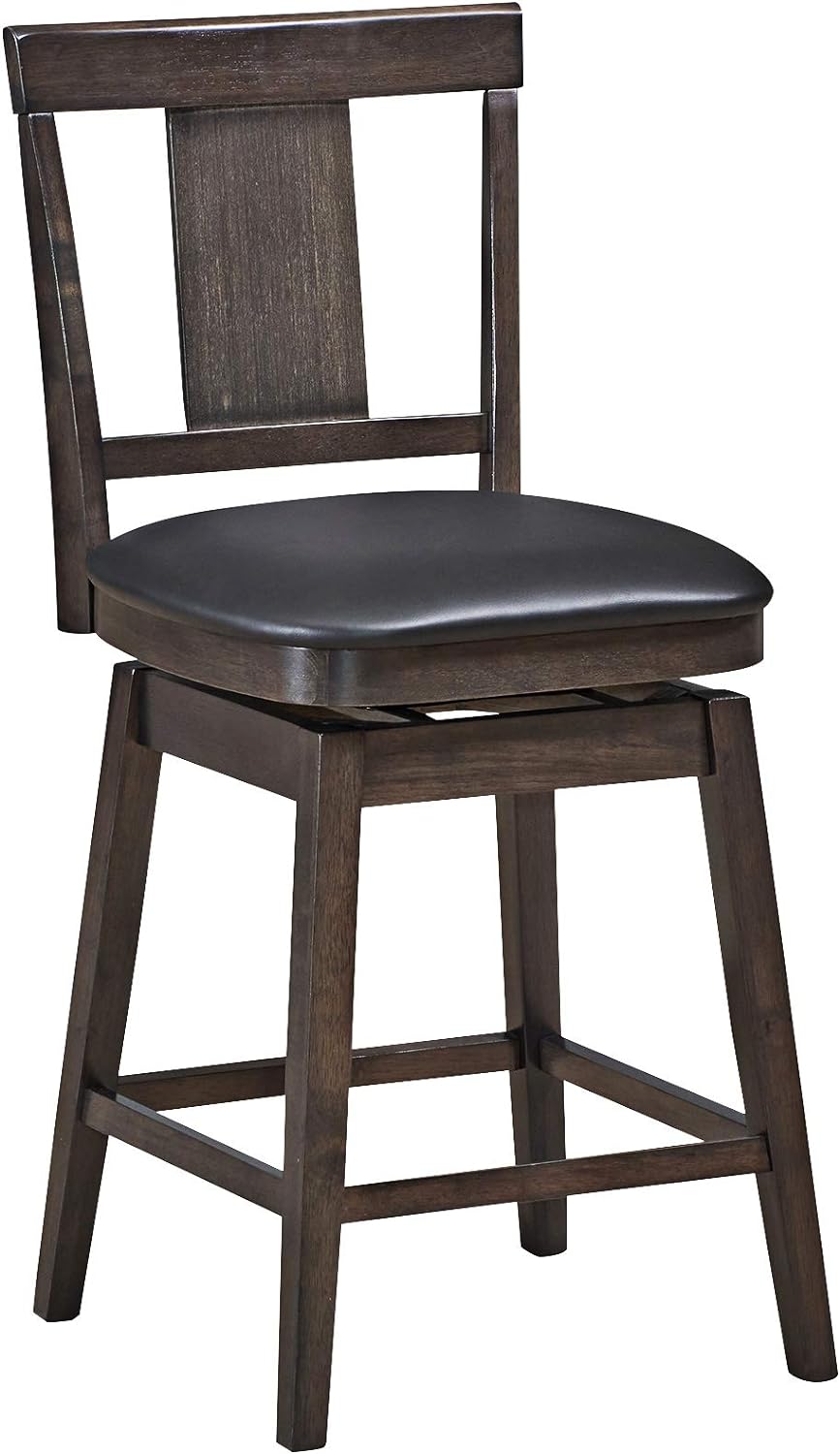 COSTWAY Bar Stools, 360 Degree Swivel, Classic Wooden Counter Height Bar Stool, Leather Padded Seat, Single Slat Back & Solid Rubber Wood Legs, Upholstered Stool for Dining and Living Room (1, 24)