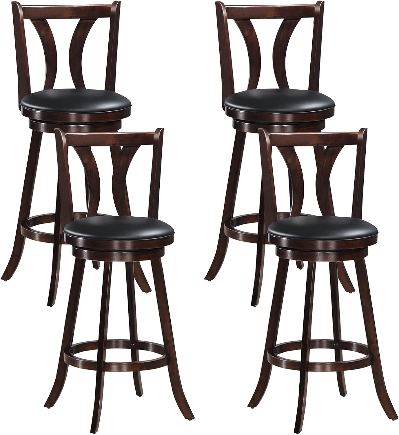 COSTWAY Bar Stools Set of 4, 360-Degree Swivel Stools with Leather Padded Seat, Single Slat Back & Solid Rubber Wood Legs, Counter Height Stools for Pub, Restaurant, Kitchen, Brown (4, 29inch)