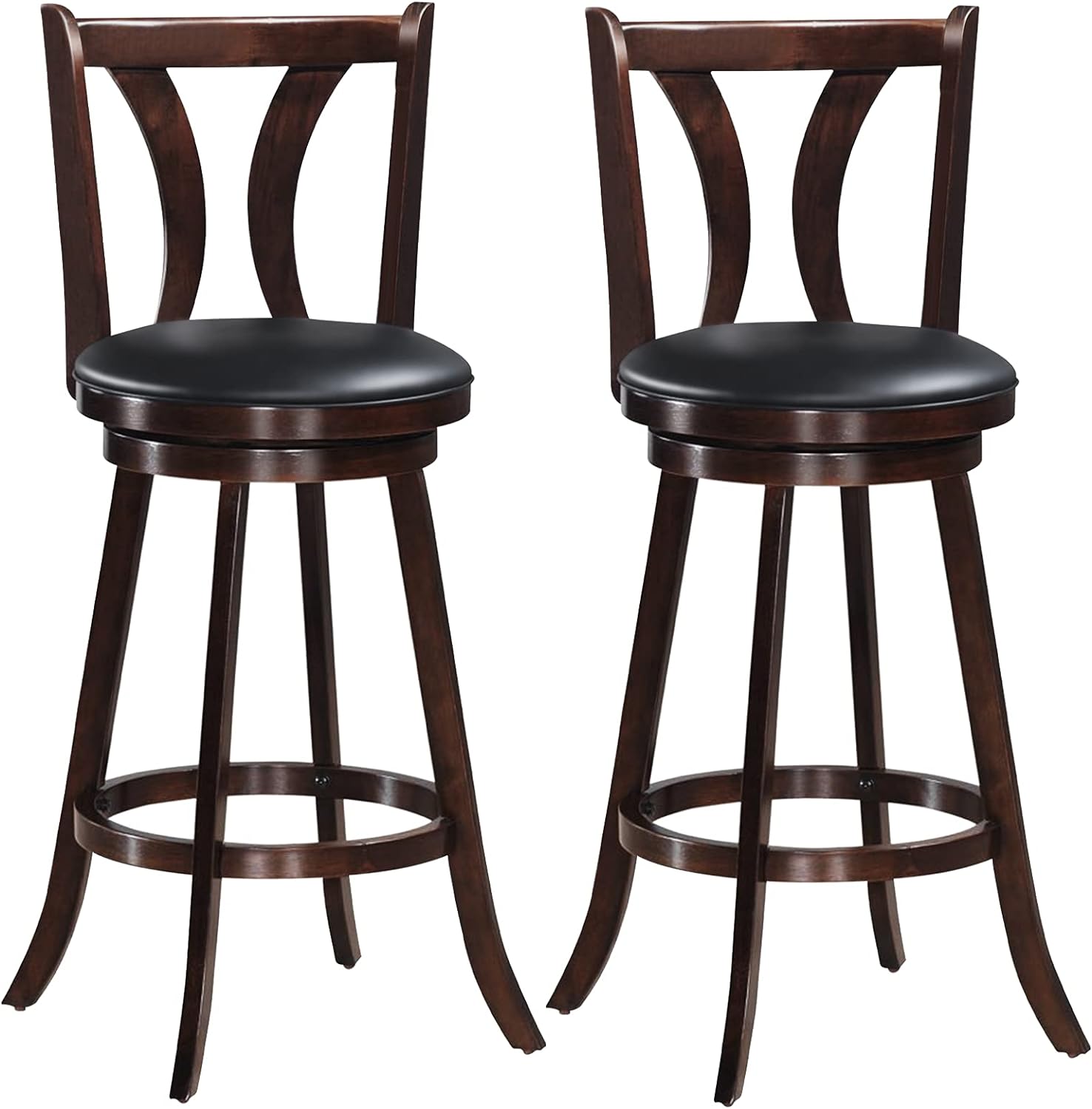 COSTWAY Bar Stools Set of 2, 360-Degree Swivel Stools with Leather Padded Seat, Single Slat Back & Solid Rubber Wood Legs, Counter Height Stools for Pub, Restaurant, Kitchen, Brown (2, 29inch)