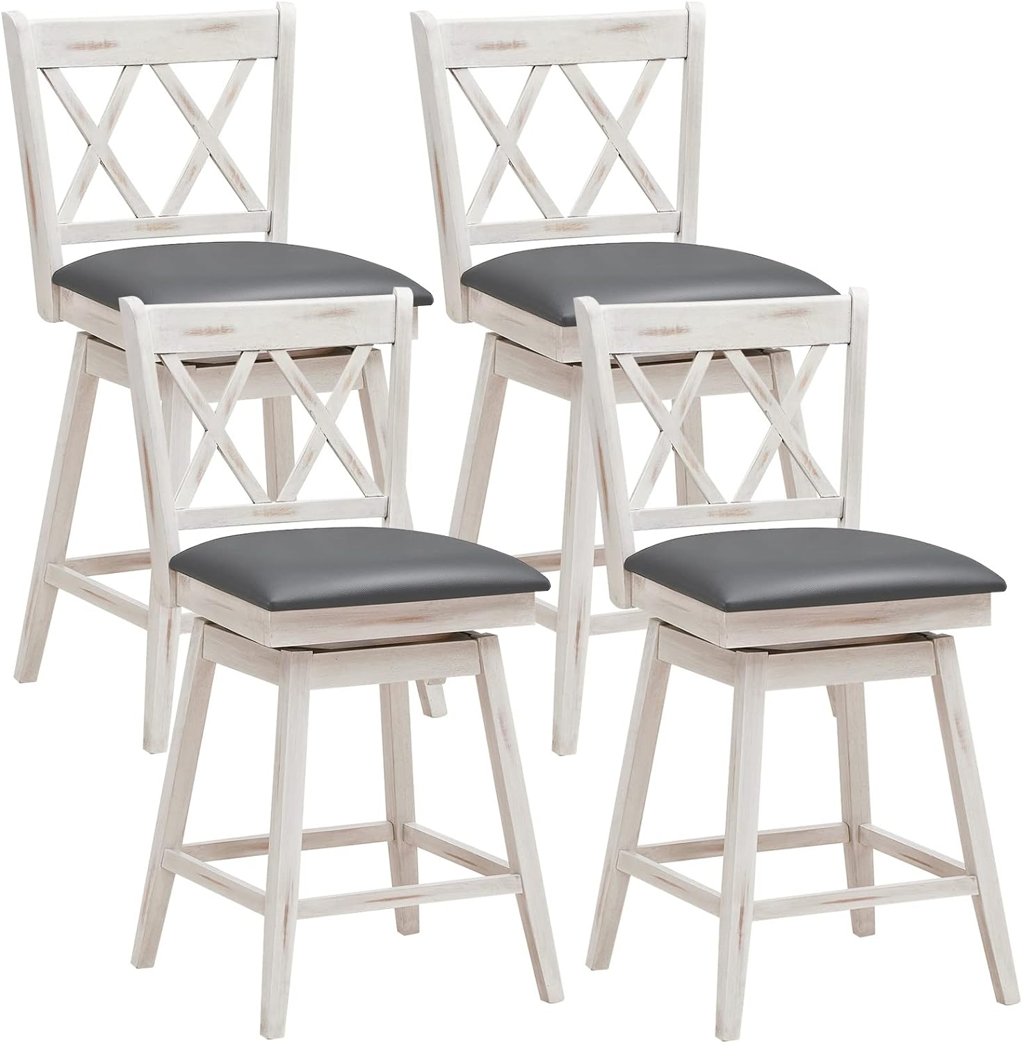 COSTWAY Bar Stool Set of 4, 360 Swivel Counter Height 25inch Bar Stool with Foot Rest Upholstered Cushion & Ergonomic Backrest, Sturdy Frame, for Pub, Restaurant, Home (4, Antique White   Grey)