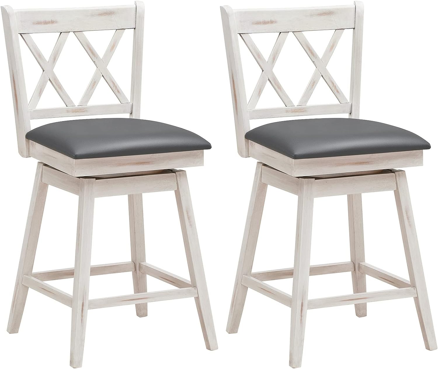 COSTWAY Bar Stool Set of 2, 360 Swivel Counter Height 25inch Bar Stool with Foot Rest Upholstered Cushion & Ergonomic Backrest, Sturdy Frame, for Pub, Restaurant, Home (2, Antique White + Grey)