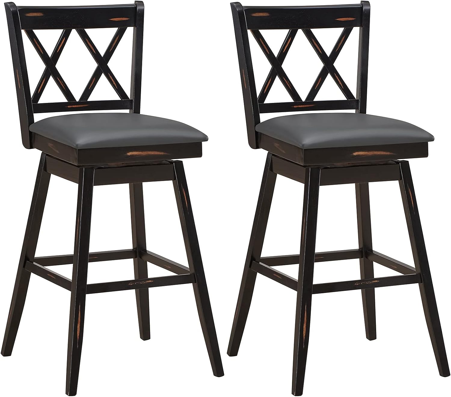 COSTWAY Bar Stool Set of 2, 360 Swivel Bar Height 29.5 inch Bar Stool with Foot Rest Upholstered Cushion & Ergonomic Backrest, Sturdy Frame, for Pub, Restaurant, Home (2, Black + Grey)