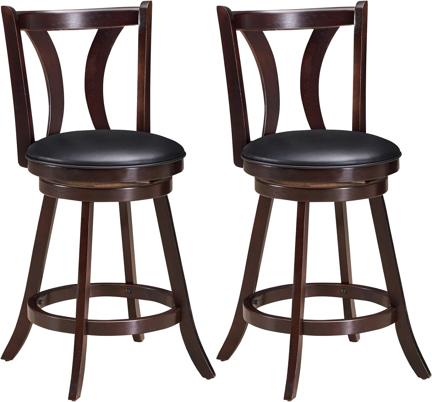 COSTWAY Bar Stools Set of 2, 360-Degree Swivel Stools with Leather Padded Seat, Single Slat Back & Solid Rubber Wood Legs, Counter Height Stools for Pub, Restaurant, Kitchen, Brown (4)