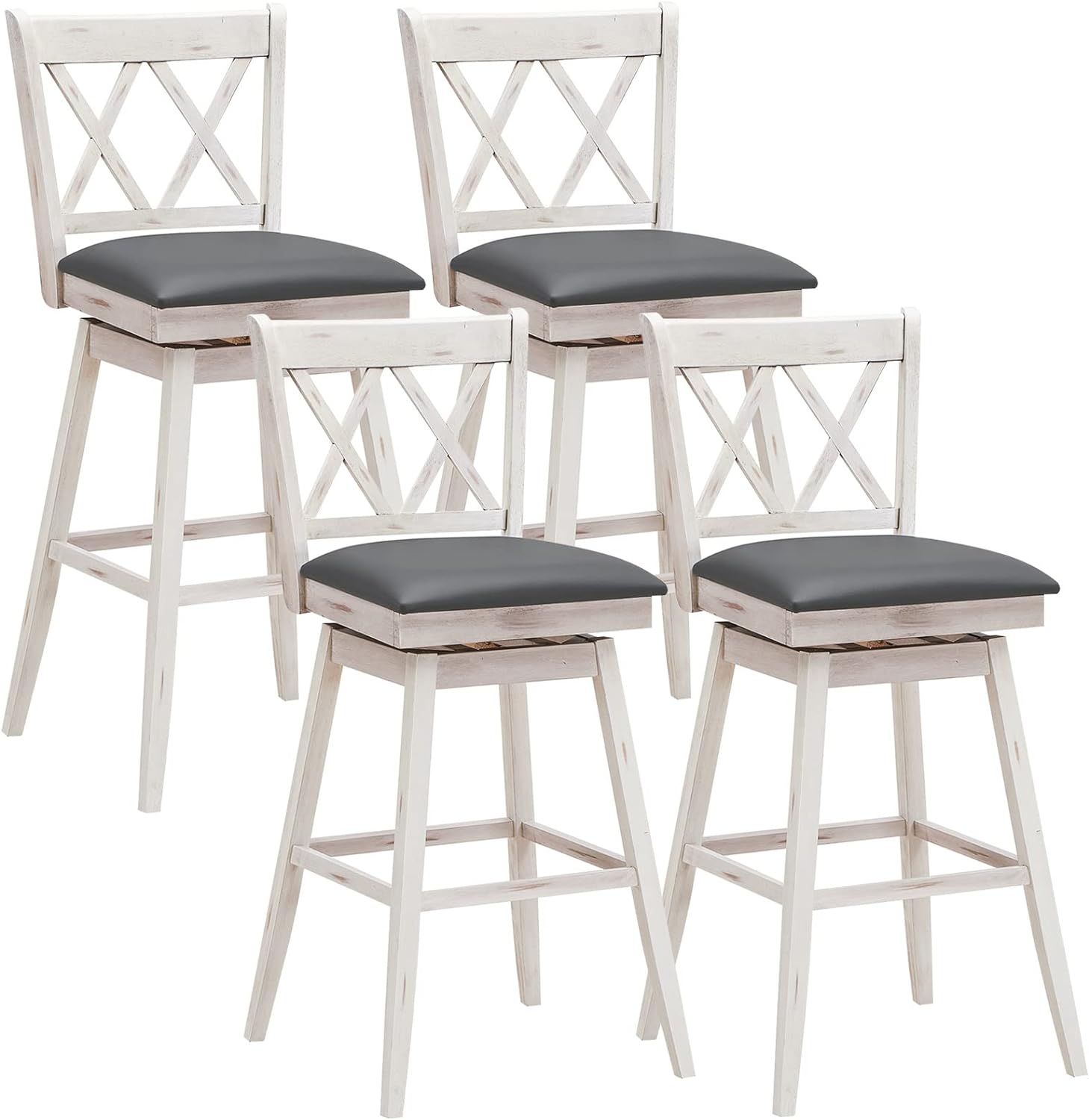 COSTWAY Bar Stool Set of 4, 360 Swivel Bar Height 29.5 inch Bar Stool with Foot Rest Upholstered Cushion & Ergonomic Backrest, Sturdy Frame, for Pub, Restaurant, Home (4, Antique White   Grey)