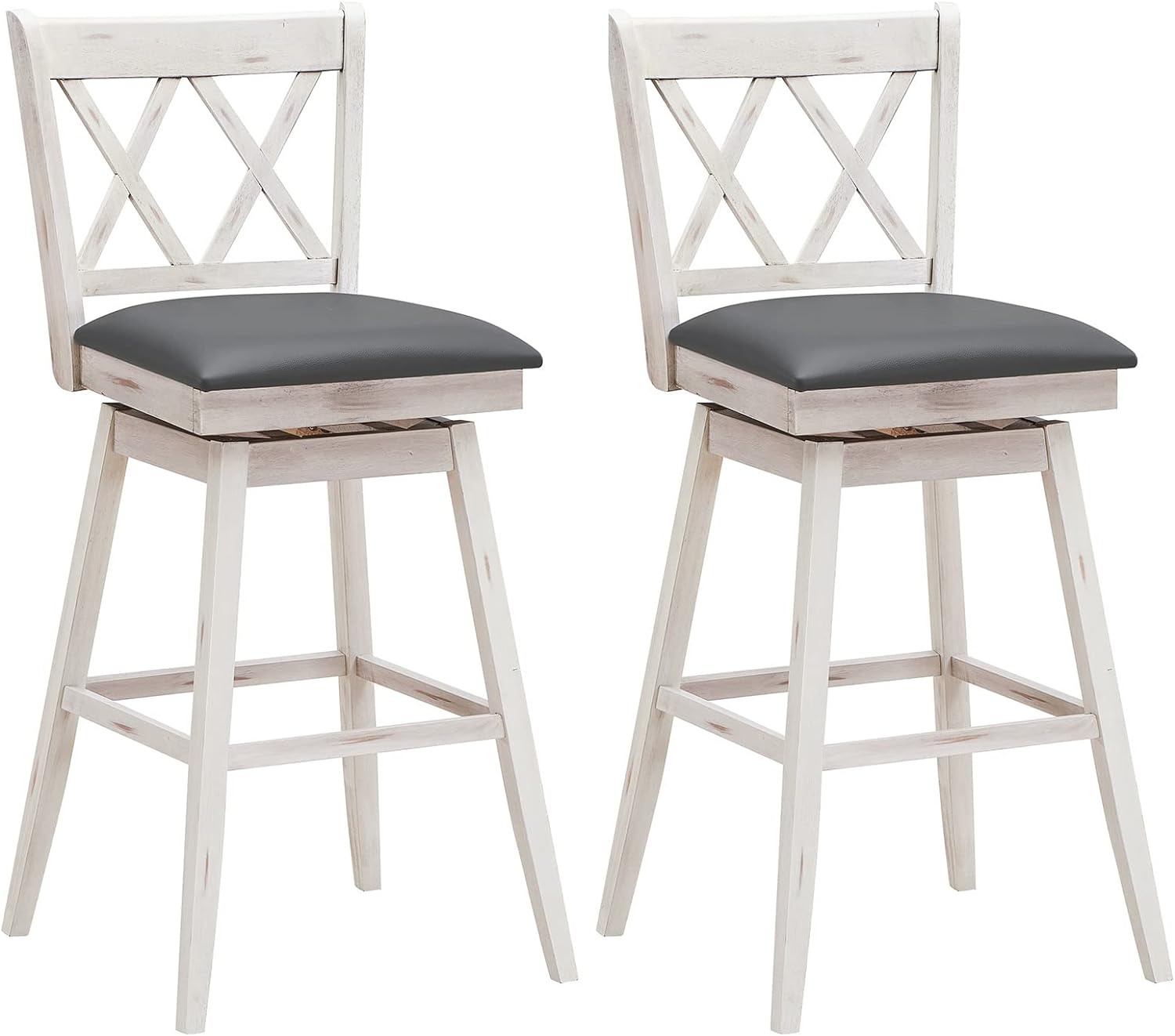 COSTWAY Bar Stool Set of 2, 360 Swivel Bar Height 29.5 inch Bar Stool with Foot Rest Upholstered Cushion & Ergonomic Backrest, Sturdy Frame, for Pub, Restaurant, Home (2, Antique White  Grey)