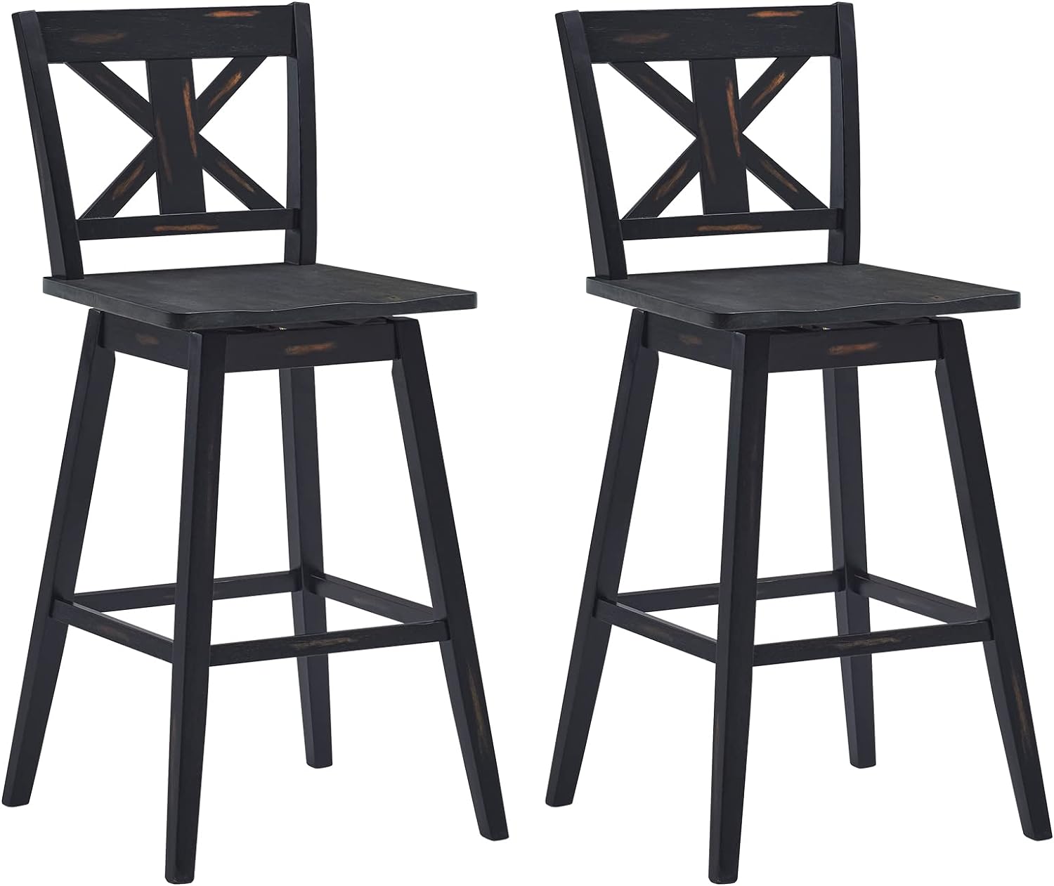 COSTWAY Bar Stools Set of 2, 360 Degree Swivel, 29-inch Height Chairs w/Non-Slip Foot Pads, Rubber Wood Bar Chairs, Vintage Bar Stools for Home, Restaurant (Black)