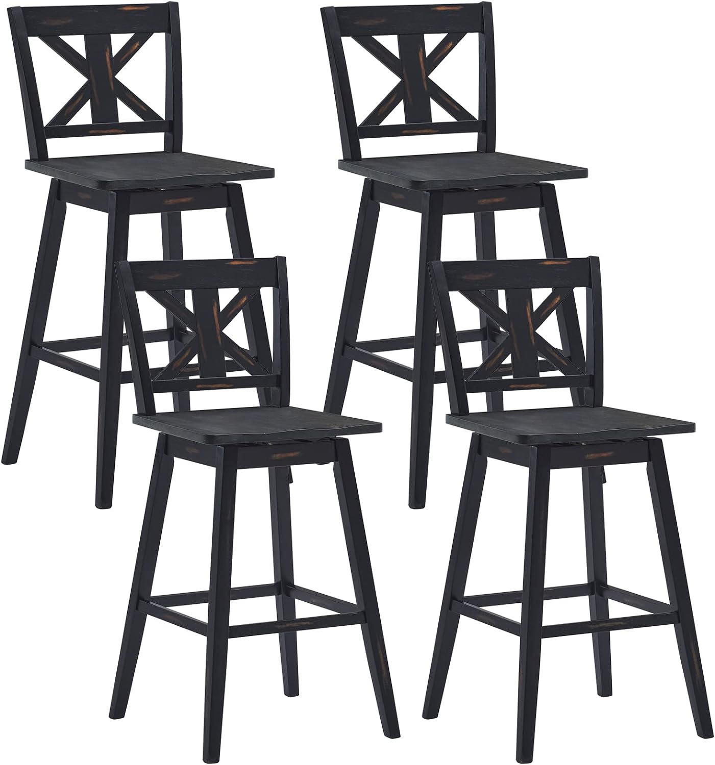 COSTWAY Bar Stools Set of 4, 360 Degree Swivel, 29-inch Height Chairs w/Non-Slip Foot Pads, Rubber Wood Bar Chairs, Vintage Bar Stools for Home, Restaurant (Black)