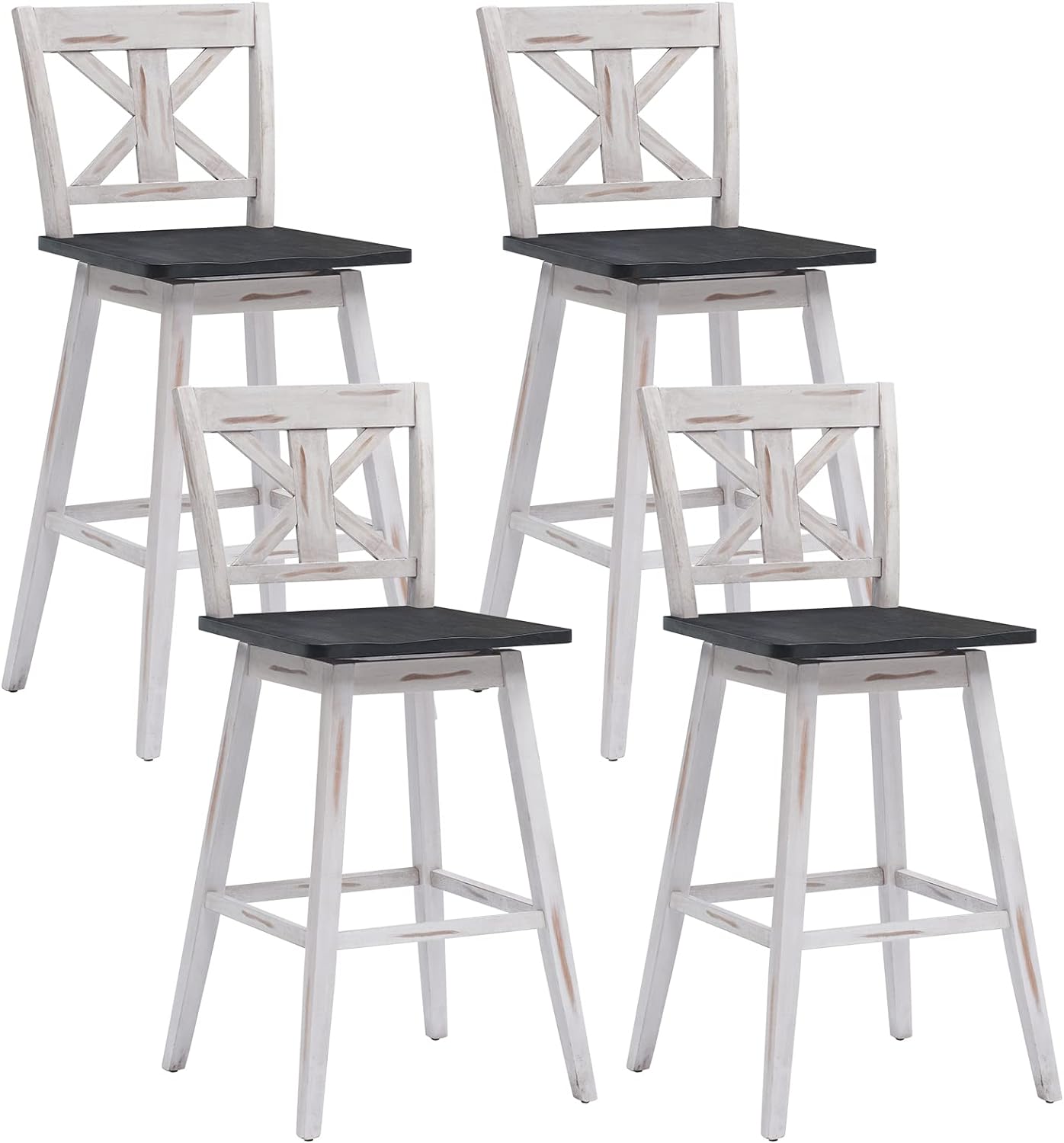 COSTWAY Bar Stools Set of 4, 360 Degree Swivel, 29-inch Height Chairs w/Non-Slip Foot Pads, Rubber Wood Bar Chairs, Vintage Bar Stools for Home, Restaurant (White)