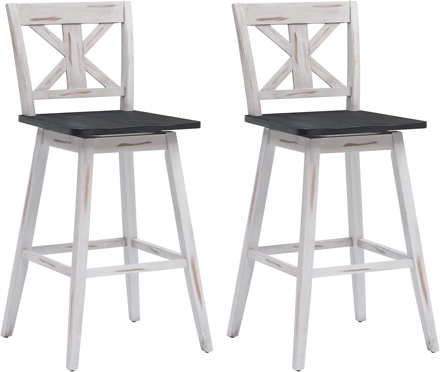 COSTWAY Bar Stools Set of 2, 360 Degree Swivel, 29-inch Height Chairs w/Non-Slip Foot Pads, Rubber Wood Bar Chairs, Vintage Bar Stools for Home, Restaurant (White)