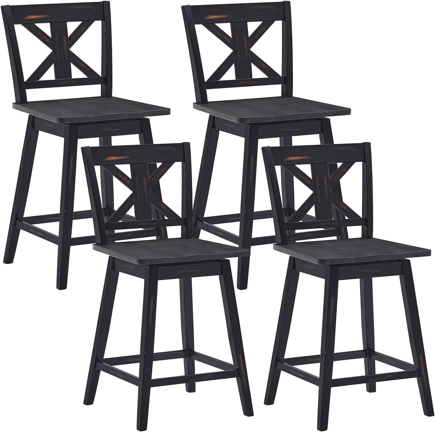 COSTWAY Bar Stools Set of 4, 360 Degree Swivel Counter Height Chairs w/Non-Slip Foot Pads, Rubber Wood Bar Chairs, Vintage Bar Stools for Home, Restaurant & Pub (Black)