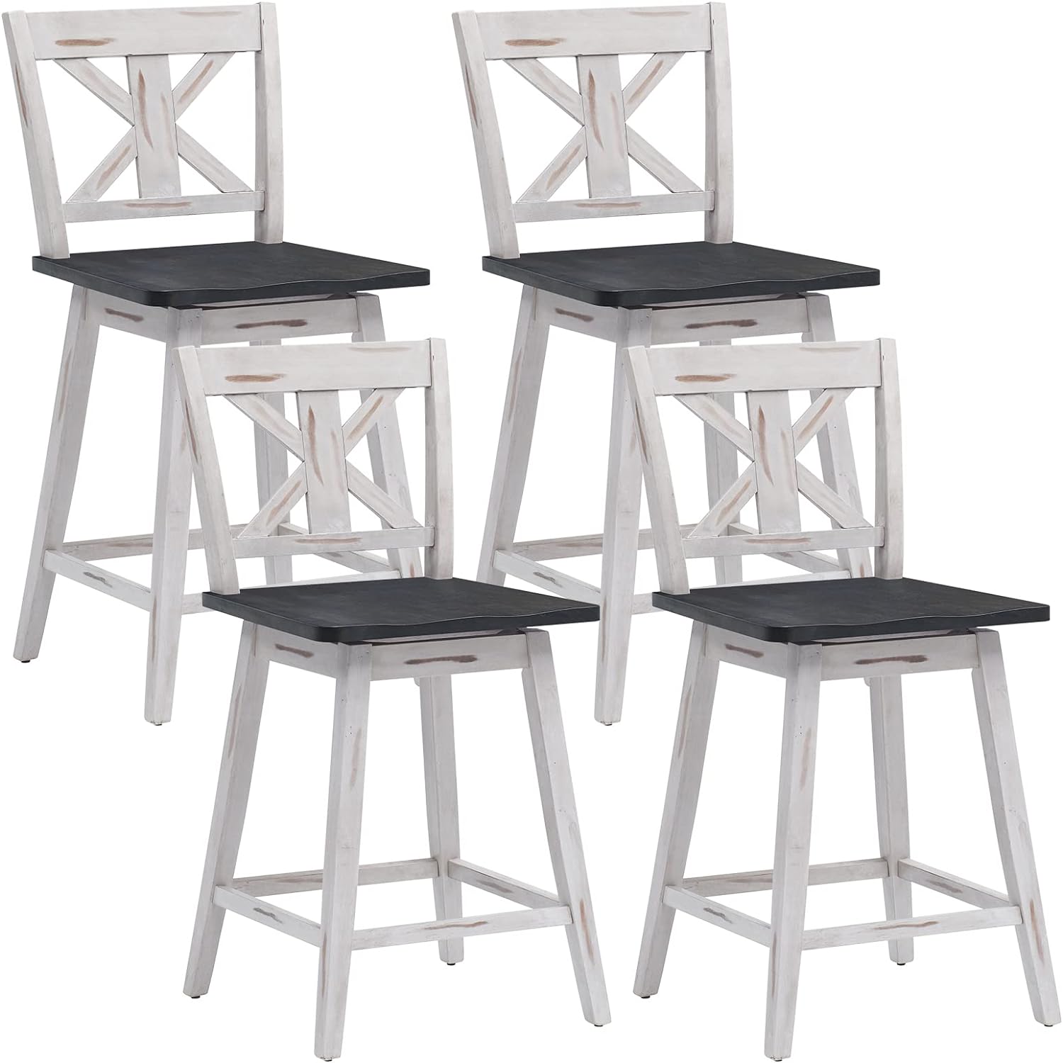 COSTWAY Bar Stools Set of 4, 360 Degree Swivel Counter Height Chairs w/Non-Slip Foot Pads, Rubber Wood Bar Chairs, Vintage Bar Stools for Home, Restaurant & Pub (White)