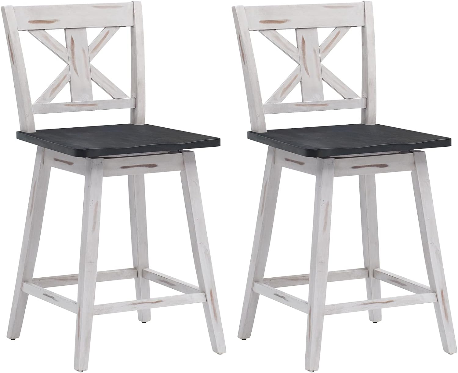 COSTWAY Bar Stools Set of 2, 360 Degree Swivel Counter Height Chairs w/Non-Slip Foot Pads, Rubber Wood Bar Chairs, Vintage Bar Stools for Home, Restaurant & Pub (White)