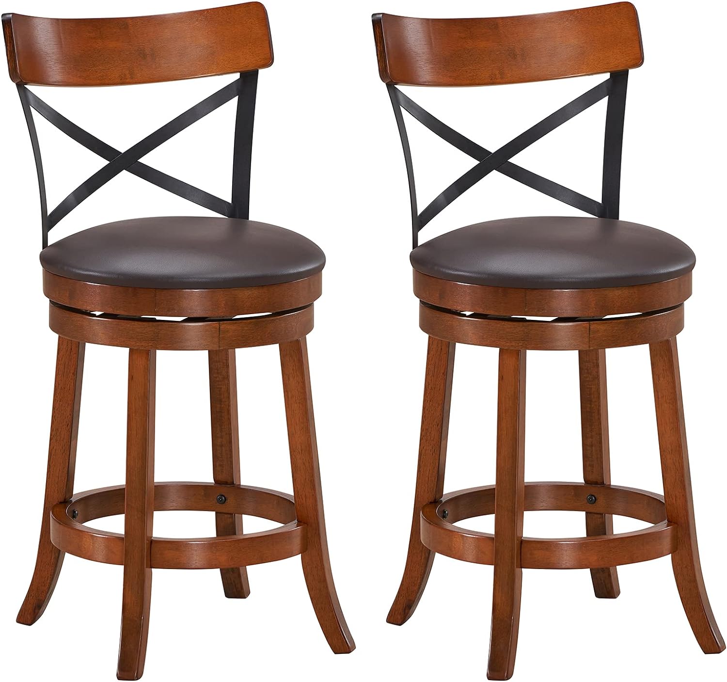 COSTWAY Bar Stool Set of 2, 360-Degree Swivel Solid Wood Stools with Soft Cushion & Backrest, 25Height Kitchen Counter Bar Stools for Kitchen Island, Pub, and Restaurant (2, 25 inch)