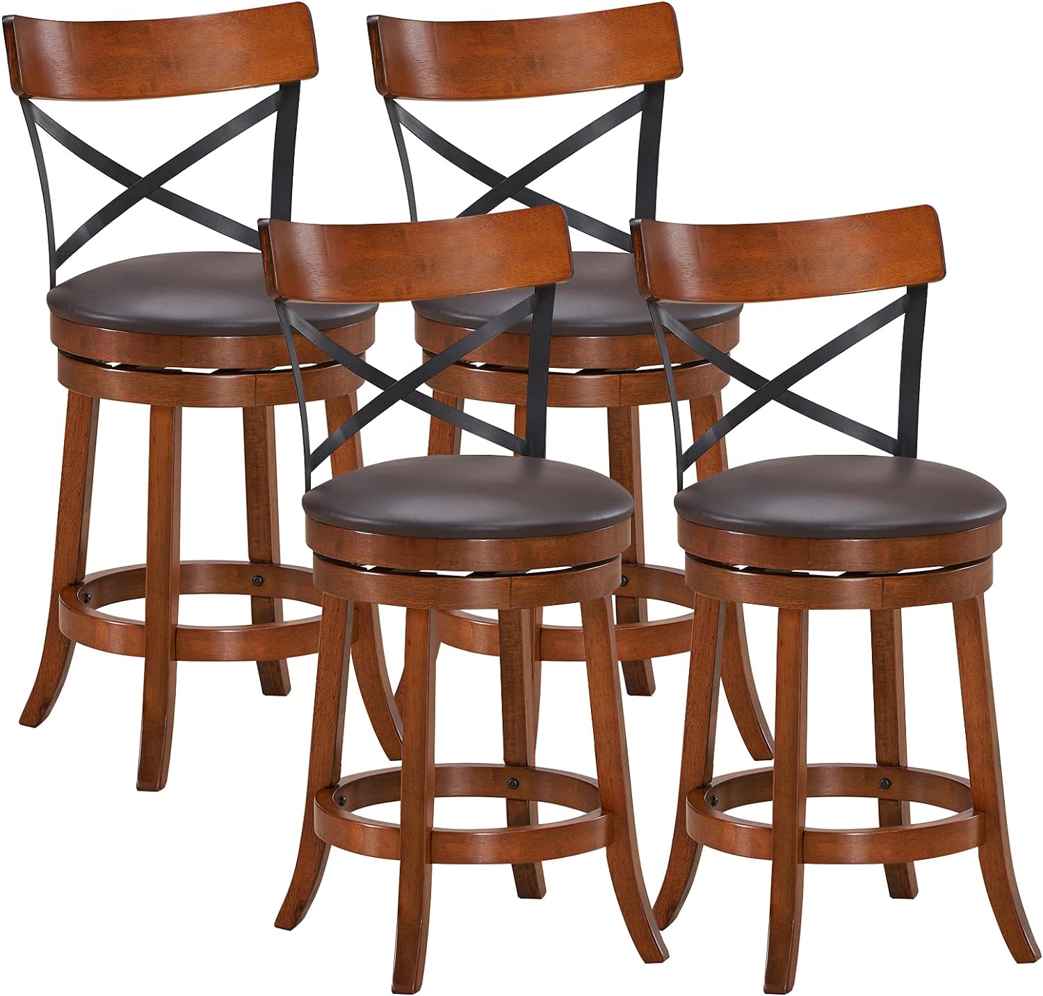 COSTWAY Bar Stool Set of 4, 360-Degree Swivel Solid Wood Stools with Soft Cushion & Backrest, 25Height Kitchen Counter Bar Stools for Kitchen Island, Pub, and Restaurant (4, 25 inch)