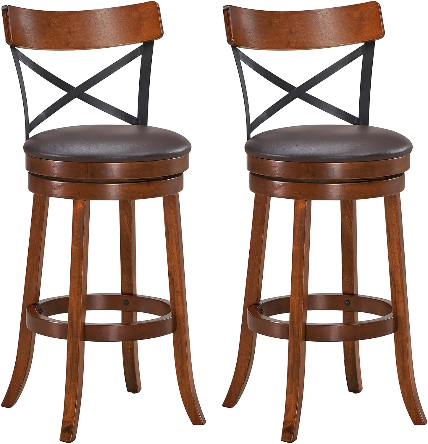 COSTWAY Bar Stool Set of 2, 360-Degree Swivel Solid Wood Stools with Soft Cushion & Backrest, 29.5Height Kitchen Counter Bar Stools for Kitchen Island, Pub, and Restaurant (2, 29in)