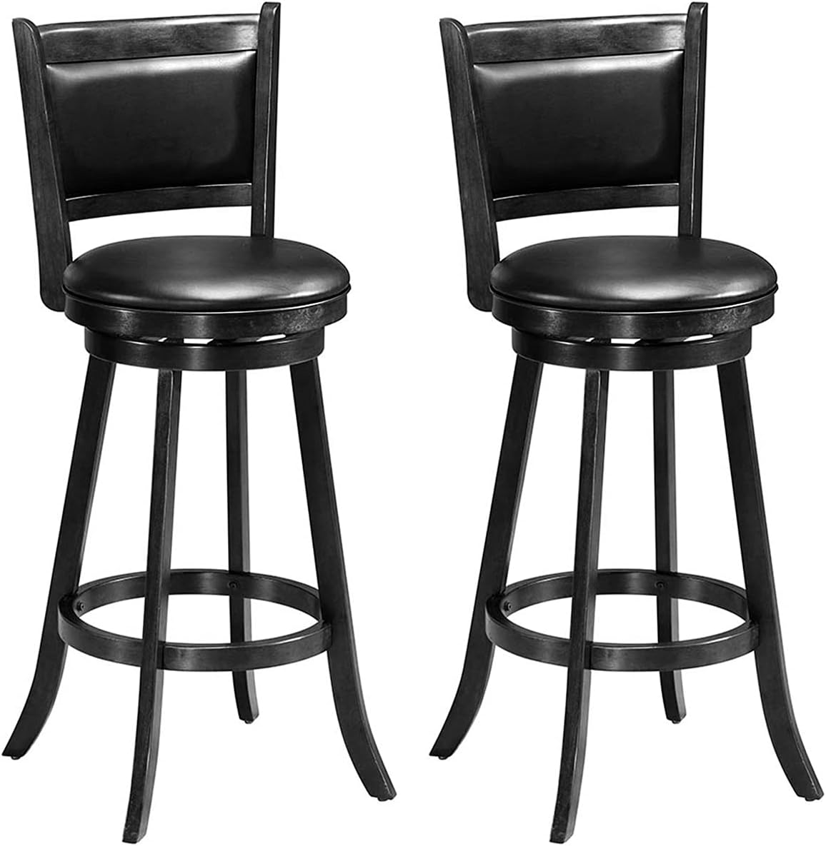 COSTWAY Bar Stools Set of 2, 360 Degree Swivel, Accent Wooden Swivel Back Bar Height Bar Stool, Fabric Upholstered Design, PVC Cushioned Seat (2 stools, Black 29'' Height)