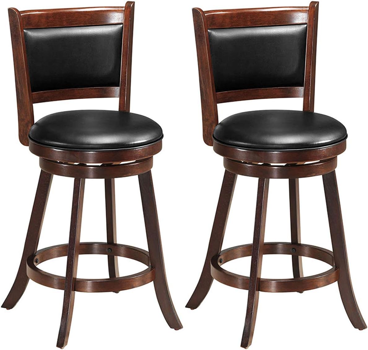 COSTWAY Bar Stools Set of 2, 360 Degree Swivel, Accent Wooden Swivel Seat Counter Height Bar Stool, Leather Upholstered Design, PVC Cushioned Seat, Perfect for Dining and Living Room (Height 24)