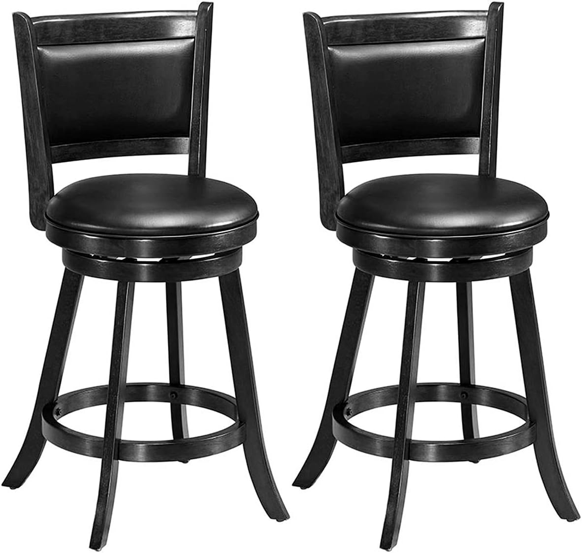 COSTWAY Bar Stools Set of 2, 360 Degree Swivel, Accent Wooden Swivel Back Counter Height Bar Stool, Fabric Upholstered Design, PVC Cushioned Seat (2 stools, Black 24'' Height)