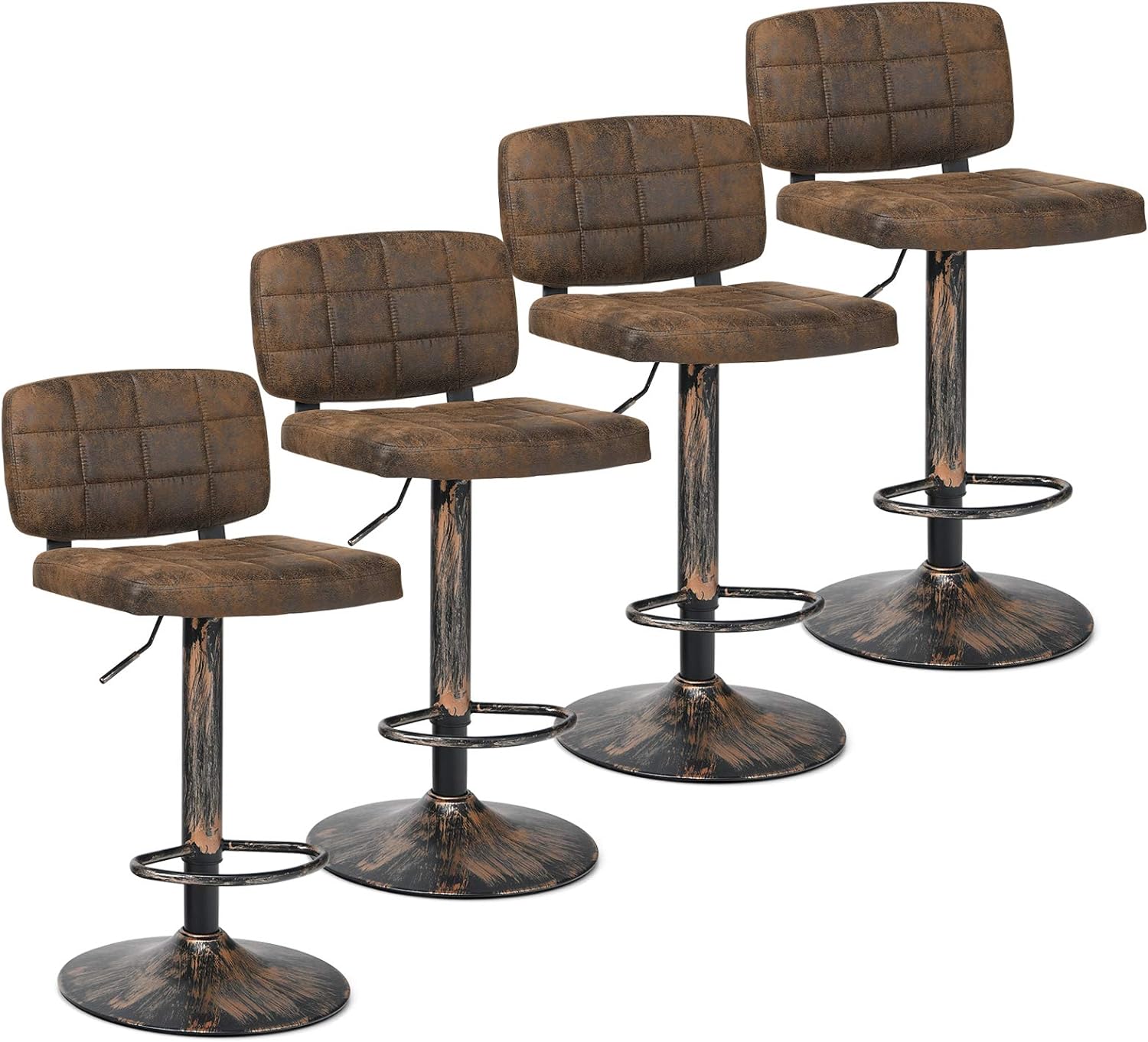 COSTWAY Set of 4 Barstools, Vintage Bar Stools with Adjustable Height, Swivel, Backrest and Footrest, Counter Height Armless Chairs for Bar, Kitchen and Bistro Pub, Retro Brown (Set of 4)