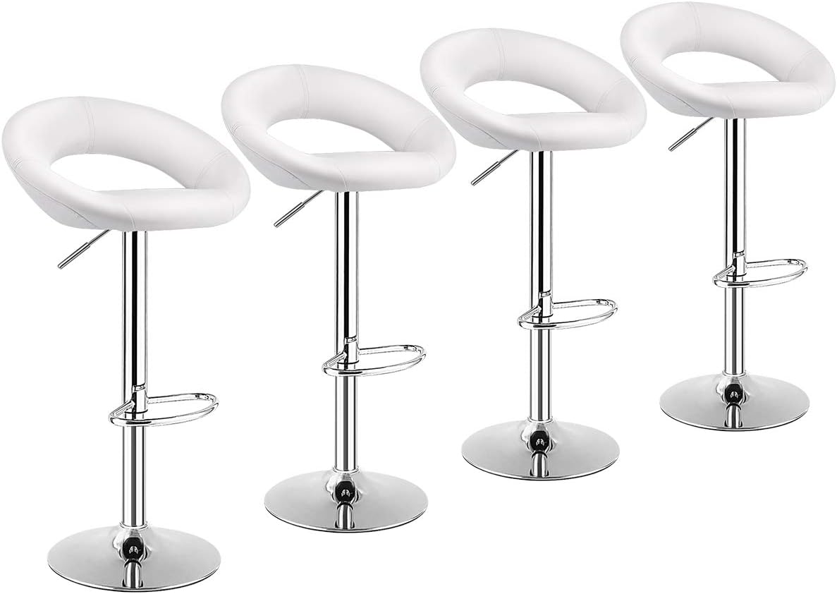 COSTWAY Bar Stools, Set of 4 Modern Swivel Adjustable Barstool, PU Leather Backless Stools, with Chrome Plated Footrest and Base, for Kitchen, Bistro, Pub, White