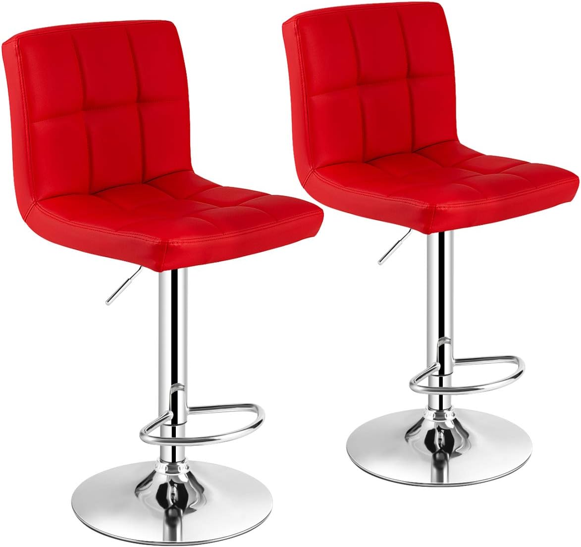 COSTWAY Bar Stool, Comfortable Swivel Adjustable PU Leather Bar Chair with Backrest, Soft Cushioned Seat, Footrest, Sturdy Metal Frame, Barstools for Kitchen, Pub (Red, Set of 2)