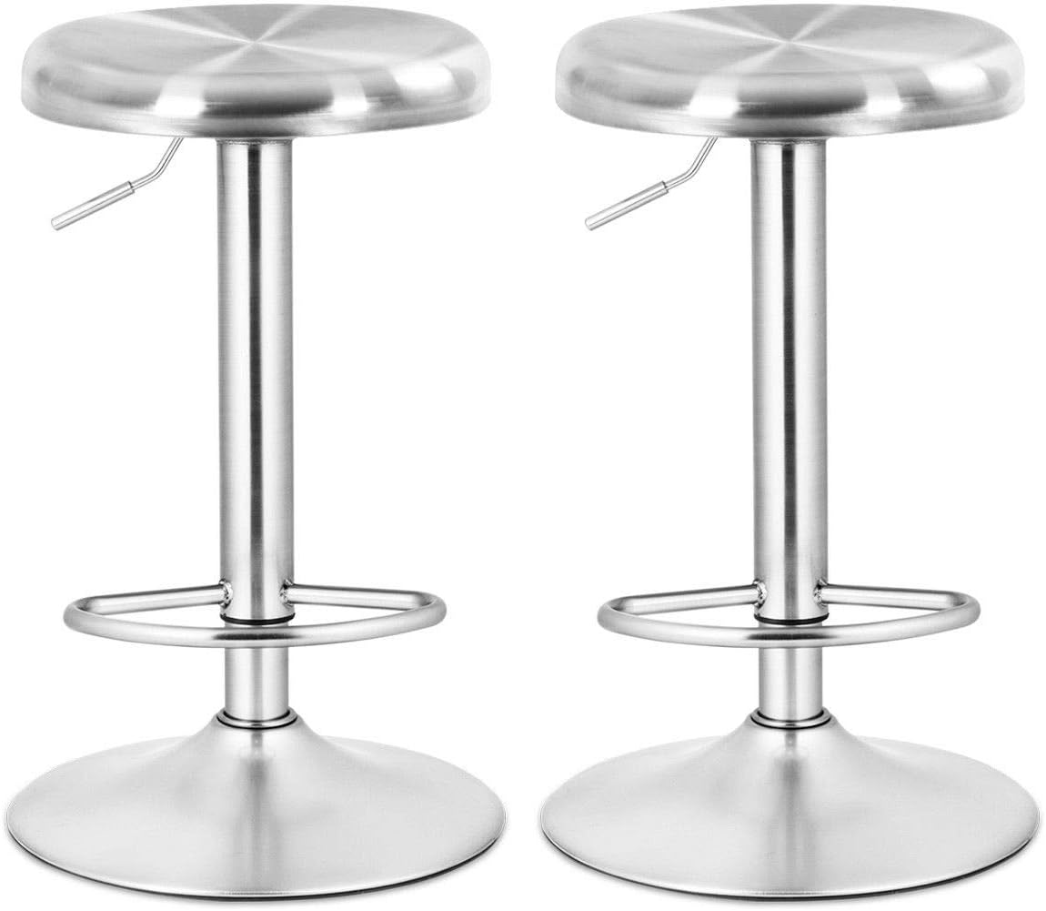 COSTWAY Bar Stools Set of 2, Modern Swivel Adjustable Height Barstool with Footrest, Stainless Steel Round Top Bar Height Barstools for Pub Bistro Kitchen Dining