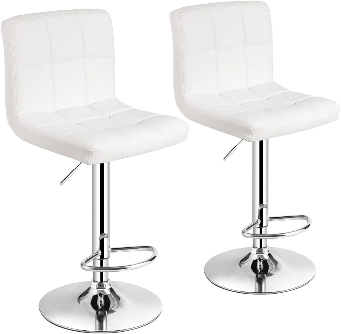 COSTWAY Bar Stool, Comfortable Swivel Adjustable PU Leather Bar Chair with Backrest, Soft Cushioned Seat, Footrest, Sturdy Metal Frame, Barstools for Kitchen, Pub(White, Set of 2)