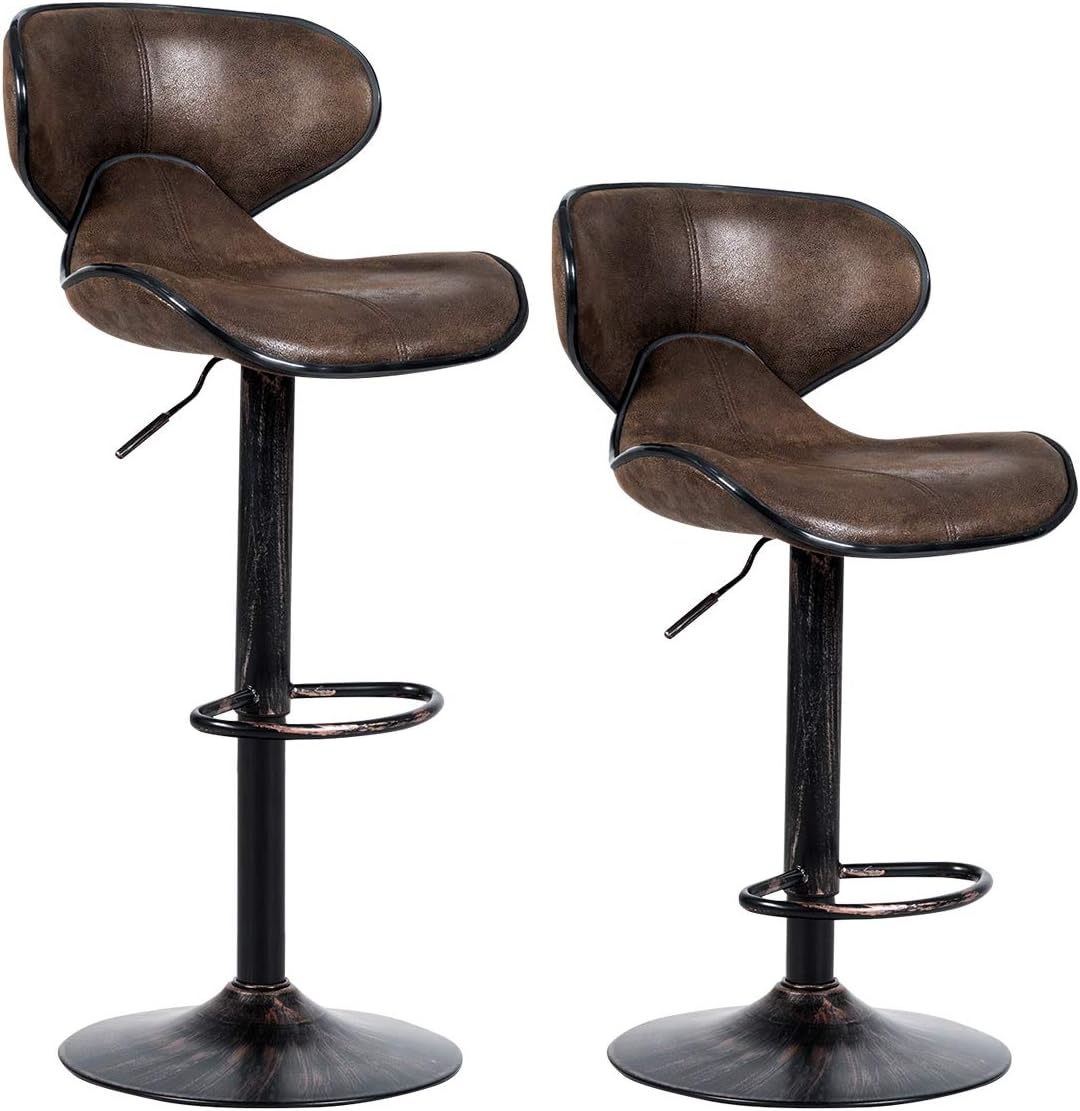 COSTWAY Vintage Barstools, Set of 2 Swivel Bar Stool with Backrest, Footrest and Height Adjustable, Counter Barstool for Bar, Kitchen, Dining Room, Living Room and Bistro Pub, Retro Brown