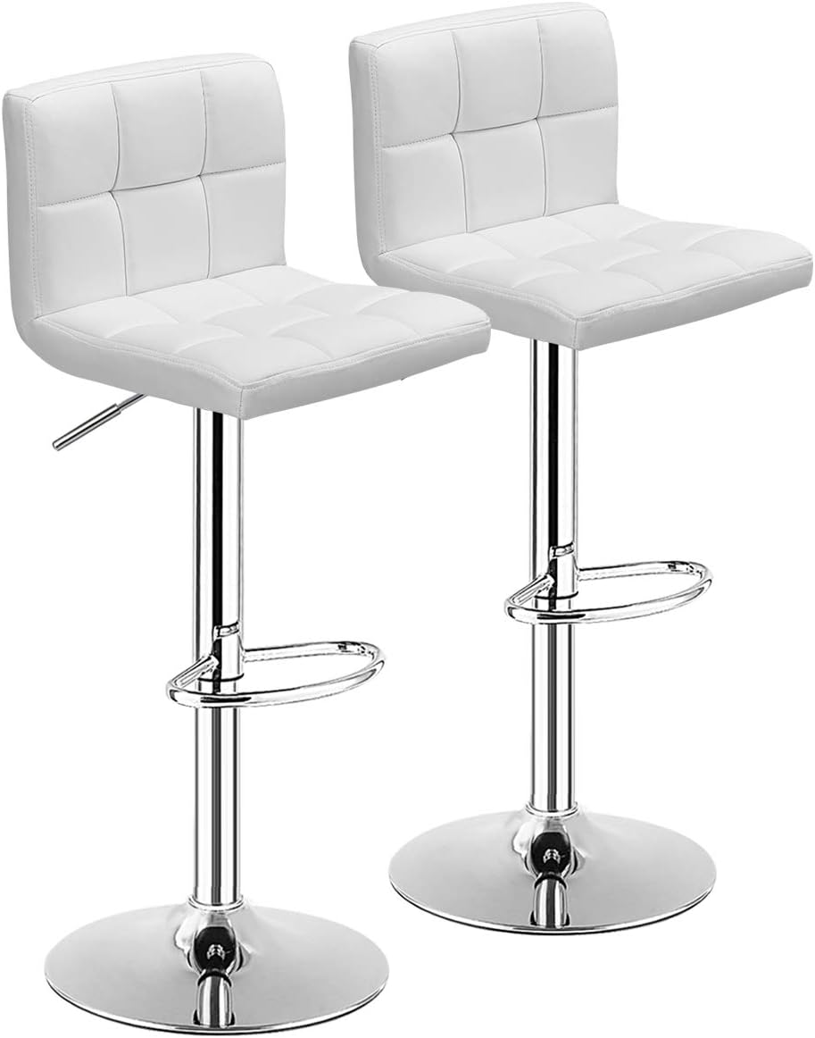 COSTWAY Bar Stools Set of 2, Modern Swivel Adjustable Height PU Leather Barstools with Back, Square Armless Counter Height 2-Pack Bar Chair for Kitchen Island Dining Living Bistro Pub Counter, White