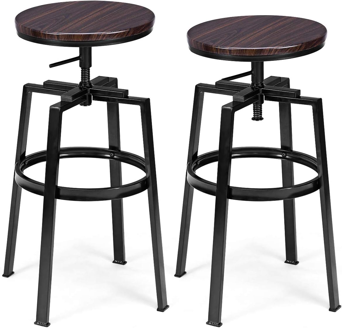 COSTWAY Counter Height Bar Stools, Set of 2, Swivel Adjustable, Round Top Pub Bistro Kitchen Dining Side Chair Metal Barstools with Footrest