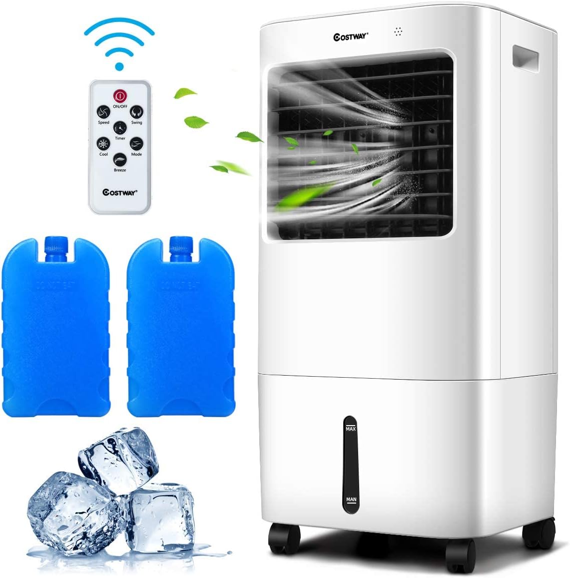 COSTWAY Evaporative Cooler, 3-in-1 Cooler, Fan and Humidifier with 7.5H Timer, 4 Speeds and 3 Modes, Remote Control, Portable Air Cooler with 4 Wheels, 2 Ice Boxes for Home Office